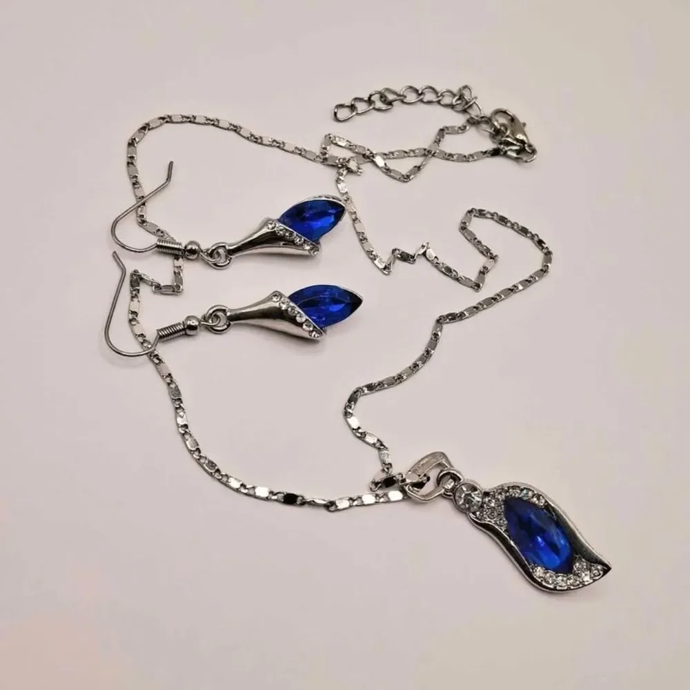 Royal Blue and Silver Matching Necklace And Earrings Jewelry Set
